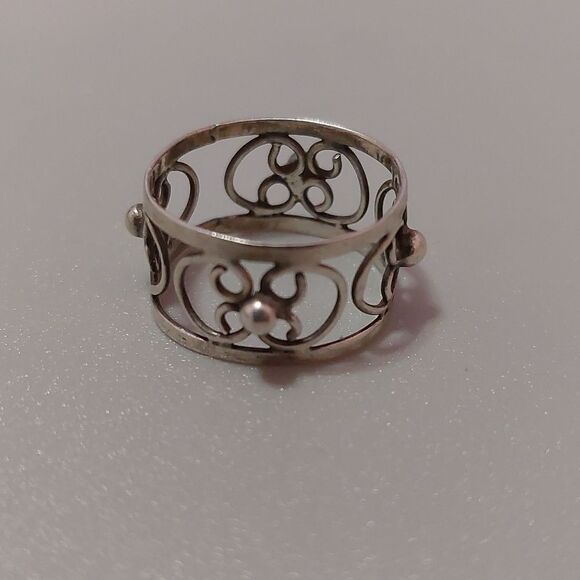 Artisan 925 Sterling Silver Flower Cutout Design Wide Band Ring Size 7 - Picture 3 of 4